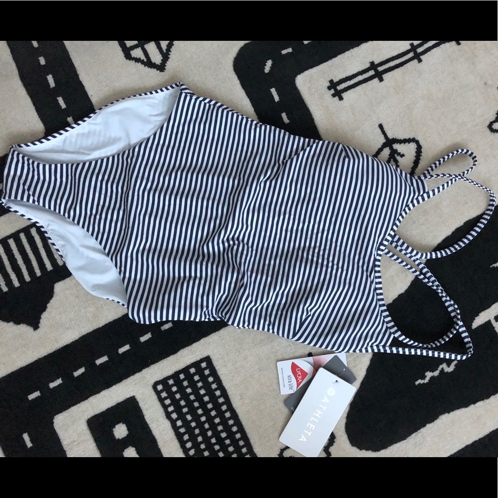 Navy/white striped one piece swim suit